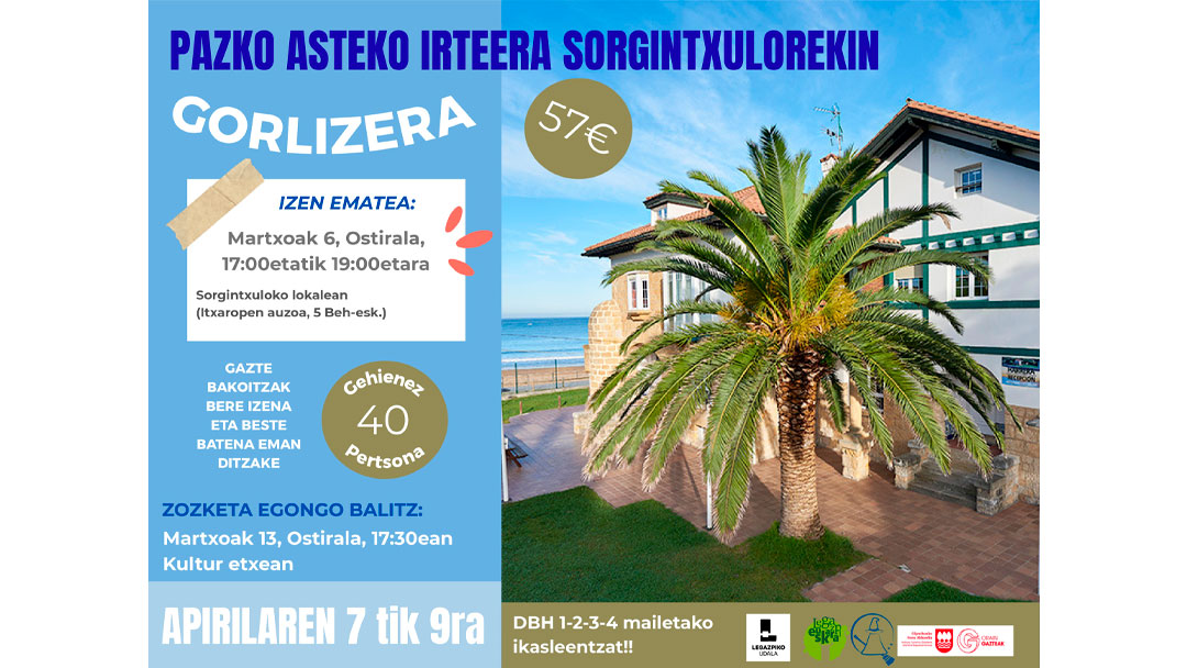 Salida para estudiantes de ESO al albergue de Gorliz en la Semana de Pascua, del 7 al 9 de abril con Sorgintxulo. Inscripción el 6 de marzo
