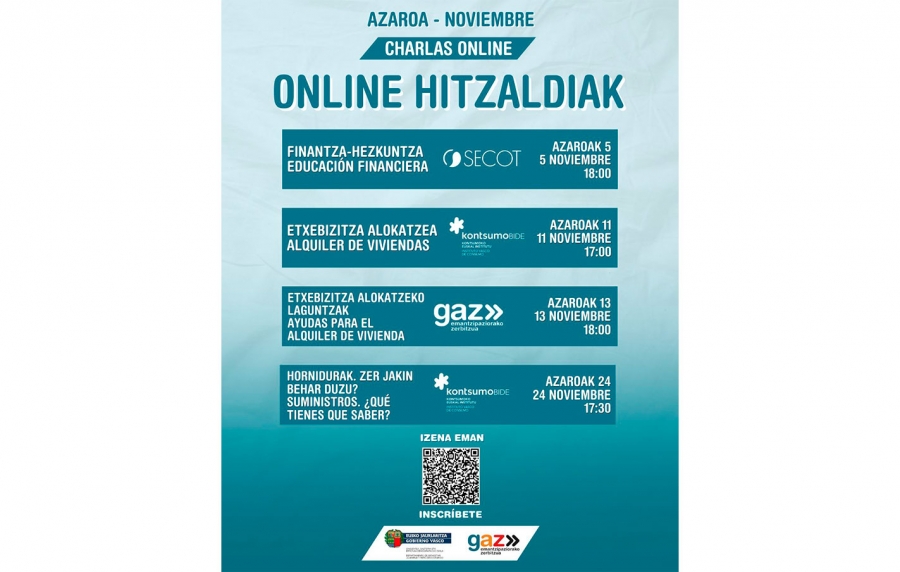 Charlas online sobre temas relacionados con la vivienda, a través de GAZ, el servicio para la emancipación de la juventud del Gobierno Vasco