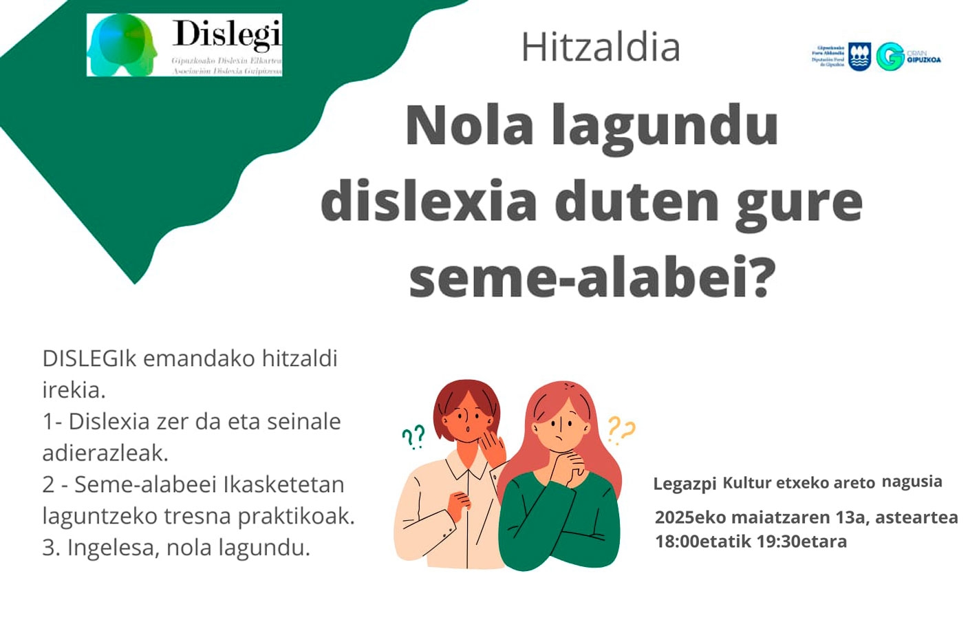 Charla "Cómo ayudar a nuestras hijas-os con dixlesia?" el 13 de mayo a las 18:00 en el Salón de Actos de Kultur Etxea