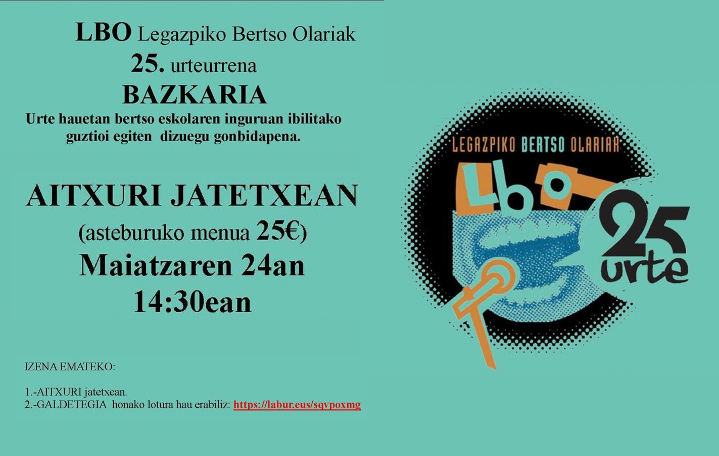 Celebración del 25 aniversario de Bertso Olariak Bertso Eskola el 24 de mayo