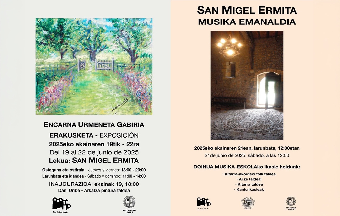 EXPOSICIÓN del 19 al 22 de junio y CONCIERTO el 21 de junio, en la ERMITA DE SAN MIGUEL, por inciativa de Burdinola Elkartea