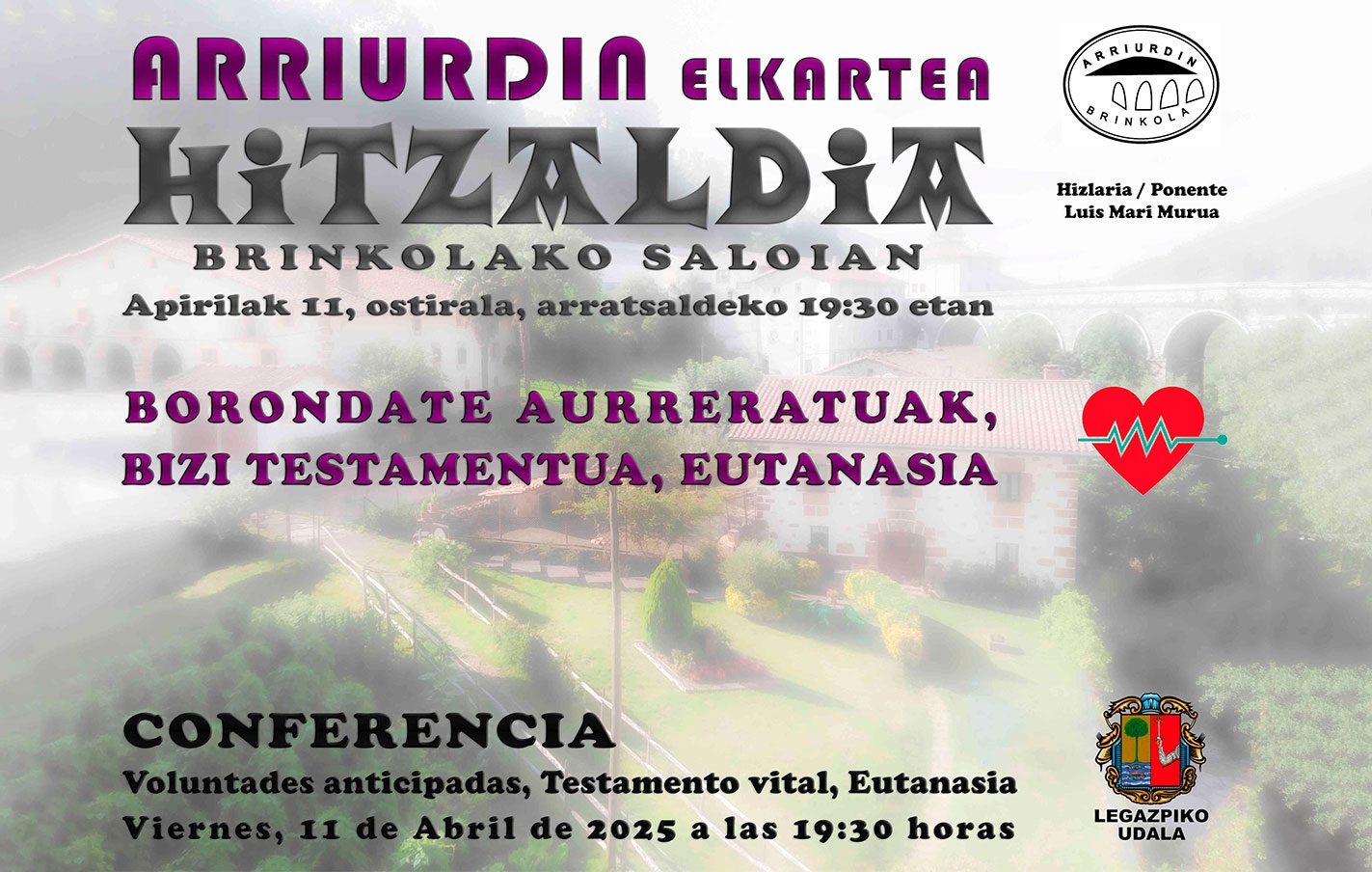 Conferencia "Voluntades anticipadas, testamento vital, eutanasia", el 11 de abril a las 19:30 horas, en el Salón de Brinkola
