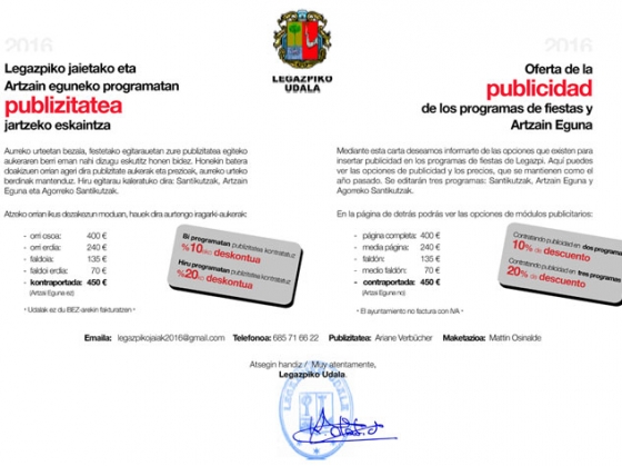 Oferta para insertar publicidad en el programa de fiestas