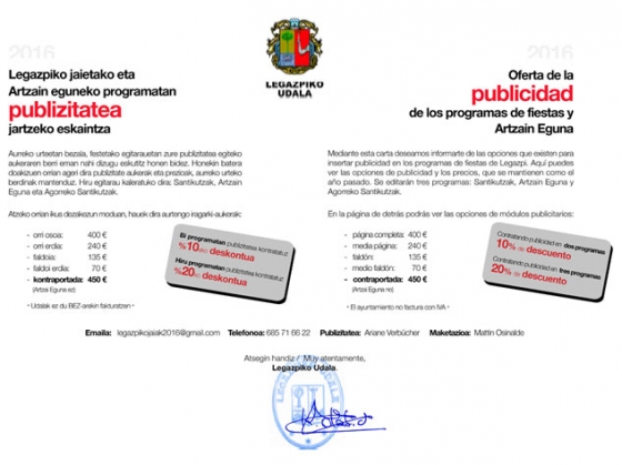 Oferta para insertar publicidad en el programa de Fiestas de Septiembre y para el Artzain Eguna