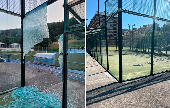 Ayer apareció roto un cristal de la pista de pádel del complejo deportivo Irene Paredes