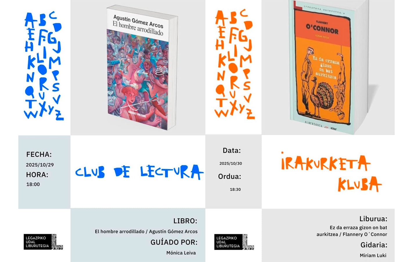 Las sesiones de los clubs de lectura de octubre. El 29 el club de castellano. y el 30 el de euskara