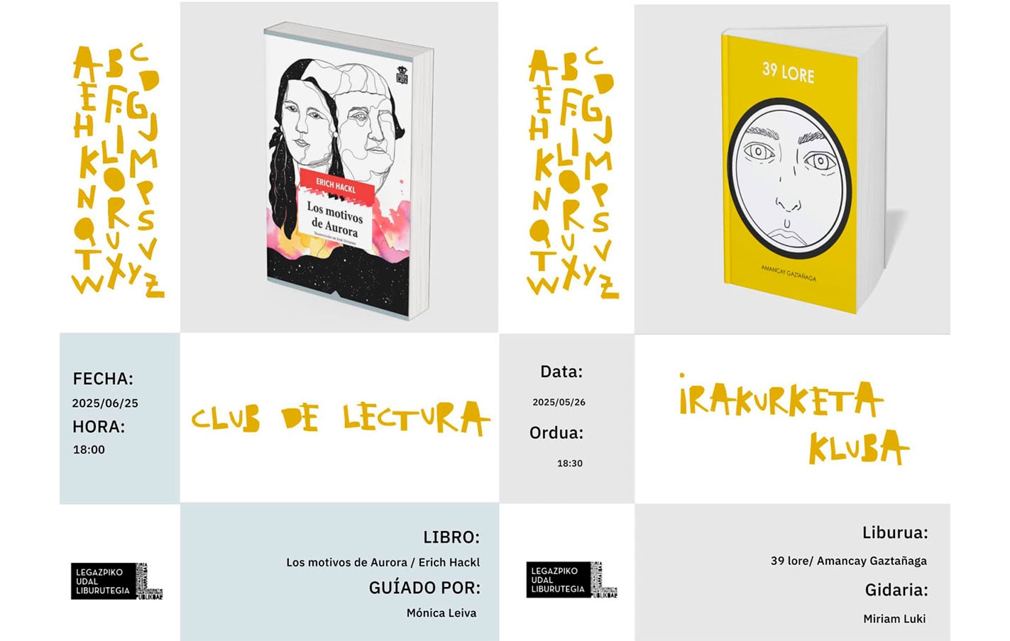 Sesiones de los clubs de lectura en junio. El 25 el de castellano, y el 26 el de euskara
