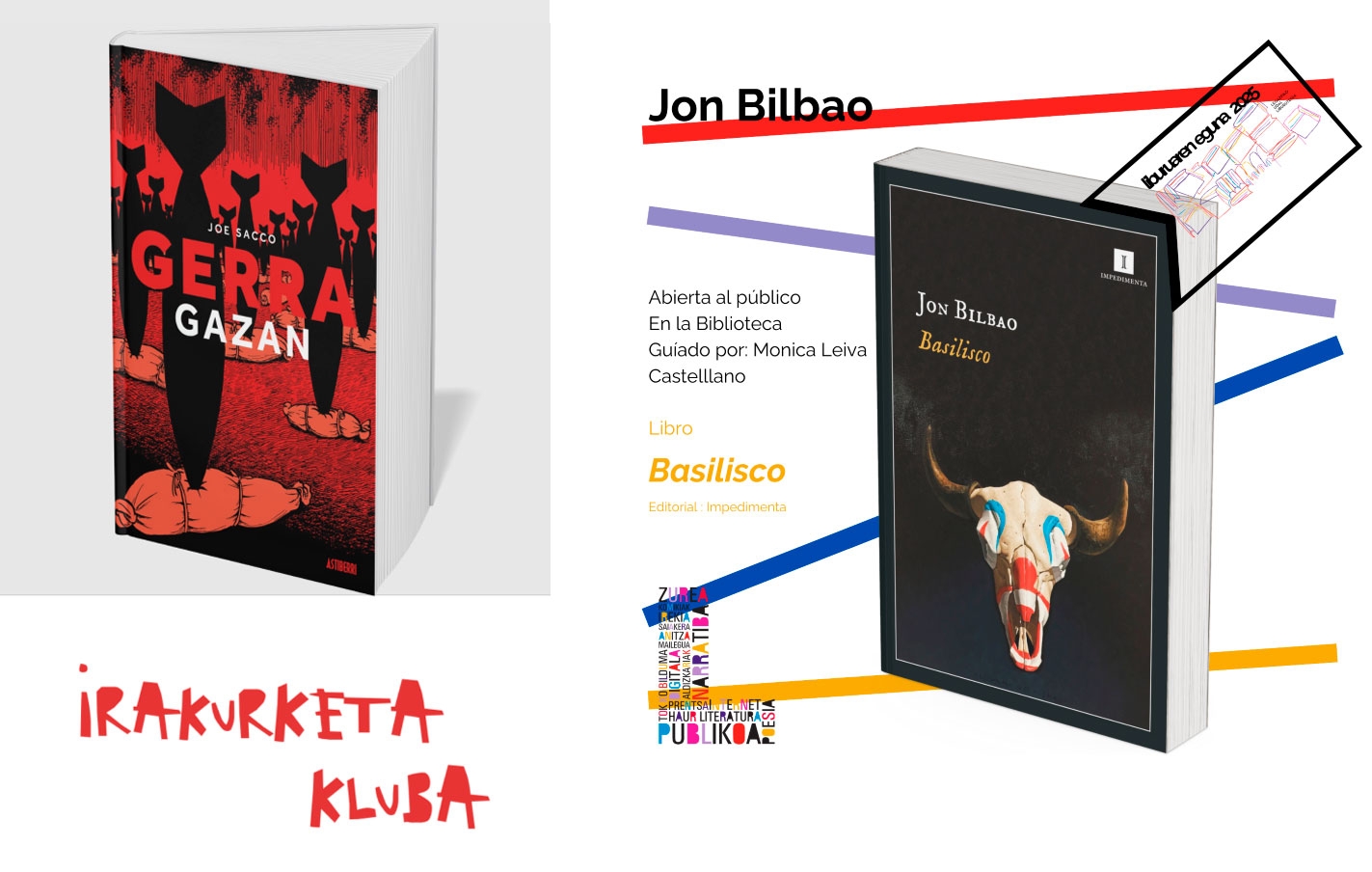 Sesiones de los clubs de lectura en mayo, el 28 el de castellano, sesión abierta con escritor; y el 29 el de euskara