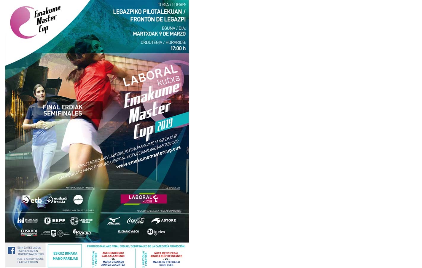 9 Marzo, semifinales de pelota Laboral Kutxa Emakume Master Cup por parejas