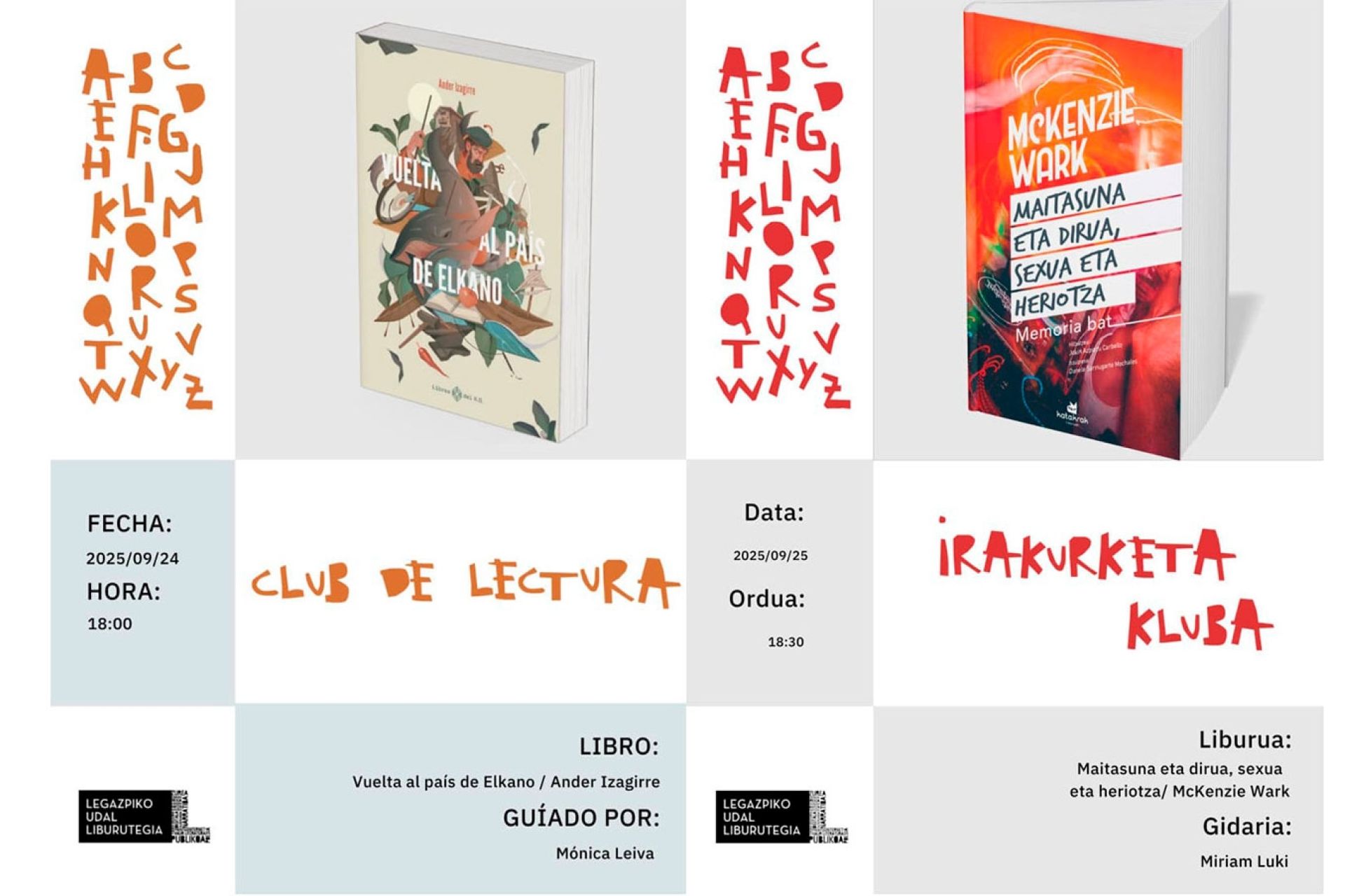 Las sesiones de los clubs de lectura: miércoles 25 de septiembre, el club de castellano; el jueves 26, el de euskara
