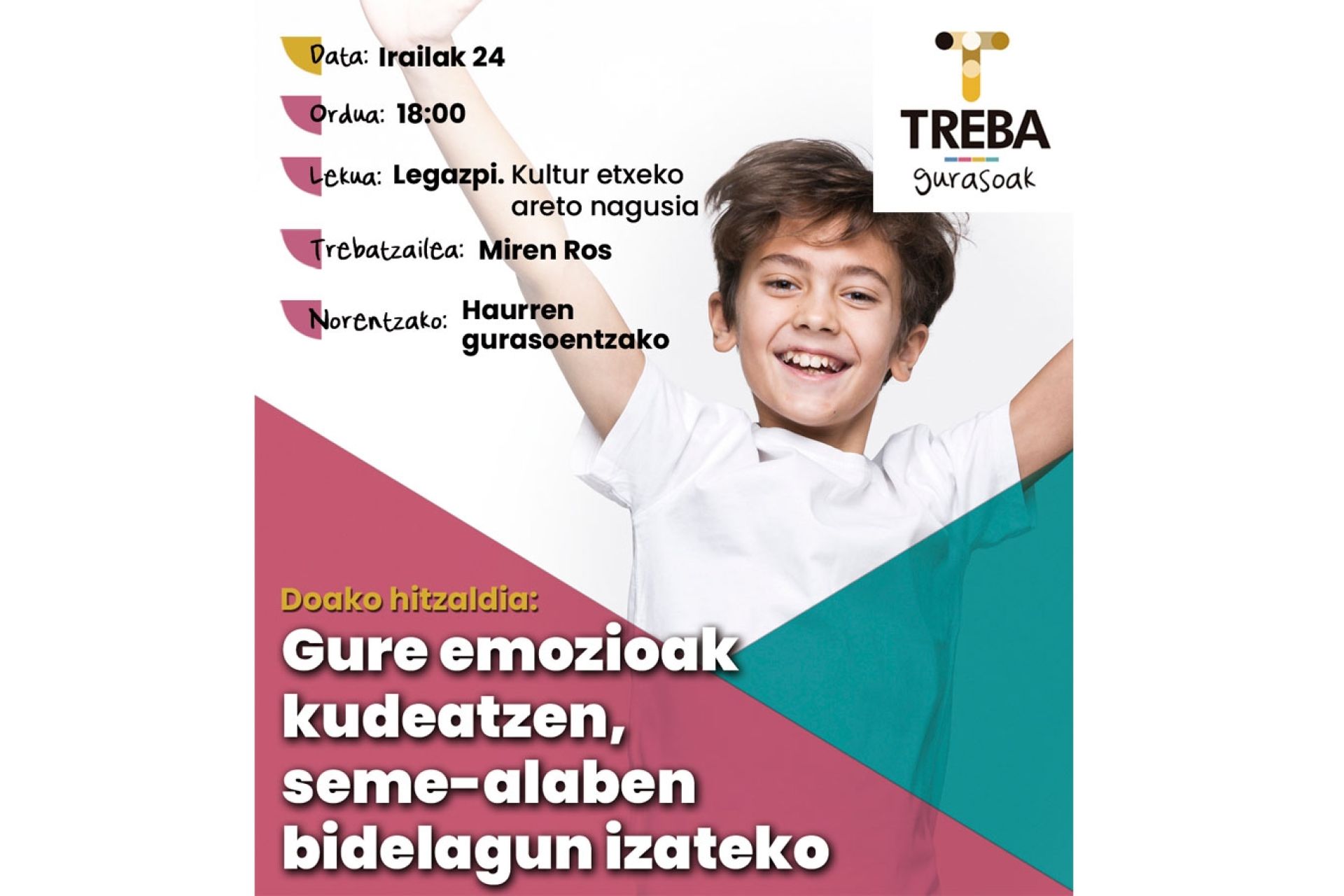 TREBA Gurasoak: acompañando en las emociones de nuestras-os hijas-os, 24 de septiembre en la Casa de Cultura