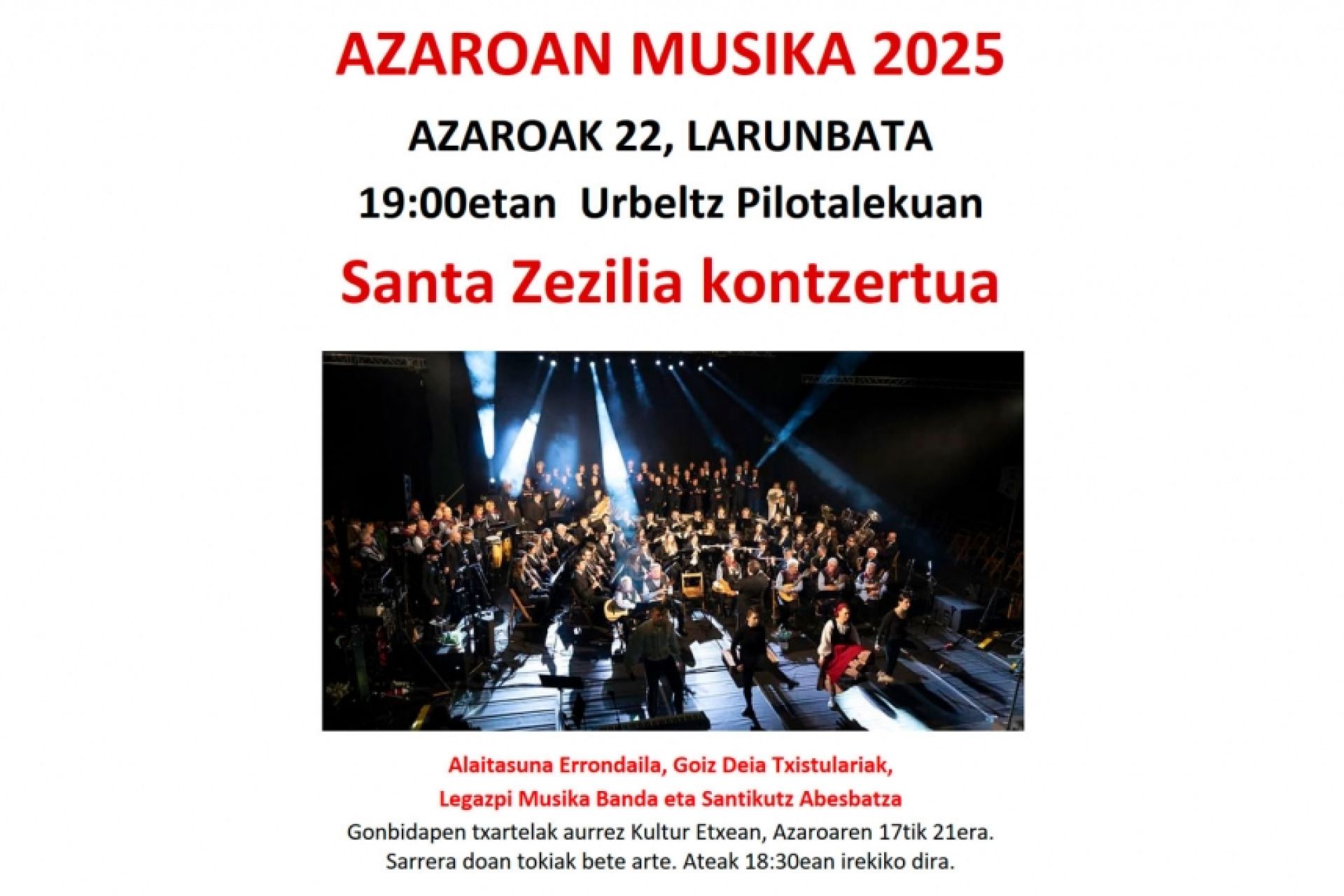 AZAROAN MUSIKA. Concierto de Santa Cecilia, el 22 de noviembre en el Frontón Urbeltz